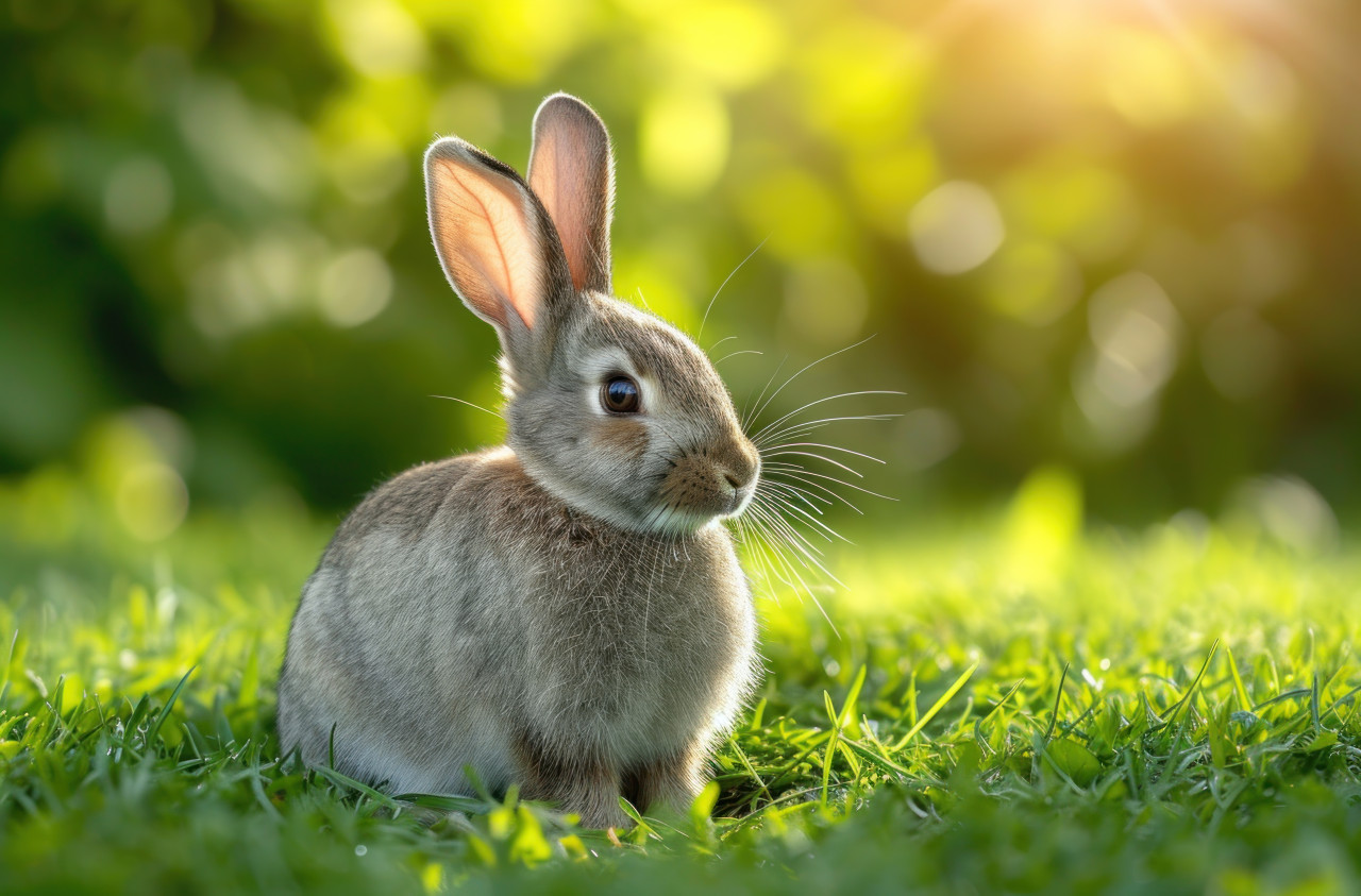 Grey bunny sitting on green grass enjoying a peaceful moment in nature, easter bunny photo