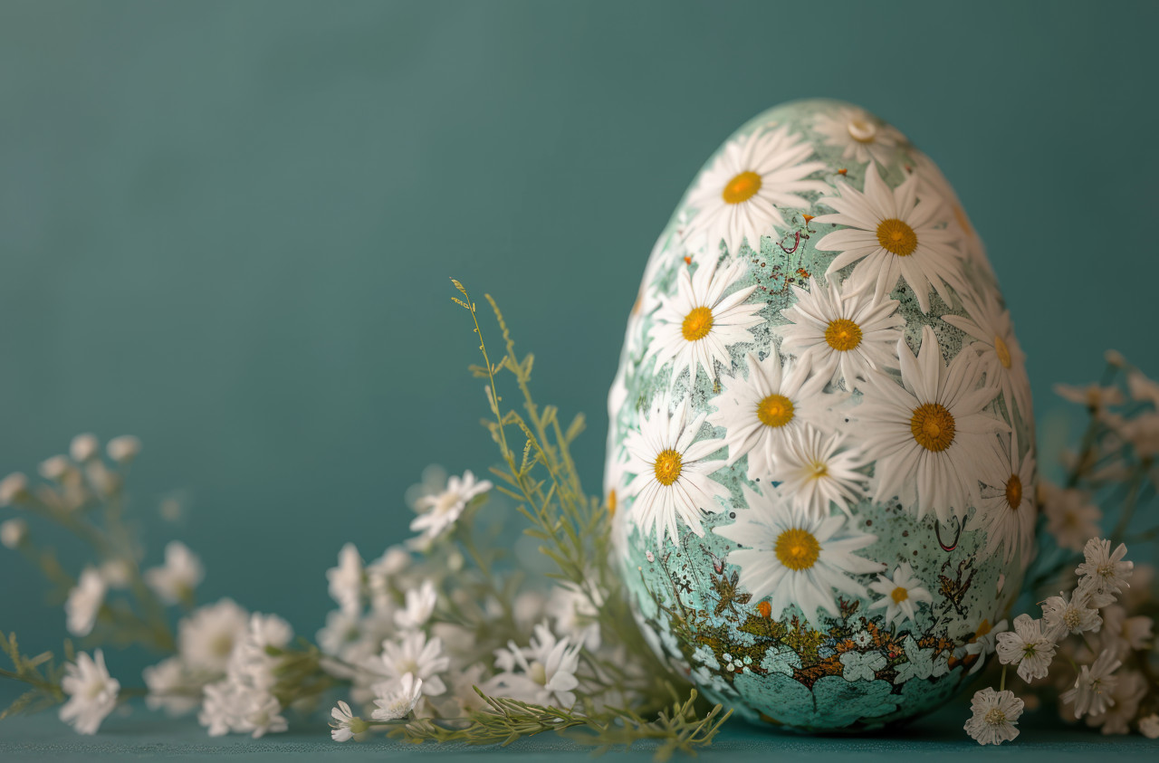 White floral decorations on an easter egg, easter crafts photo