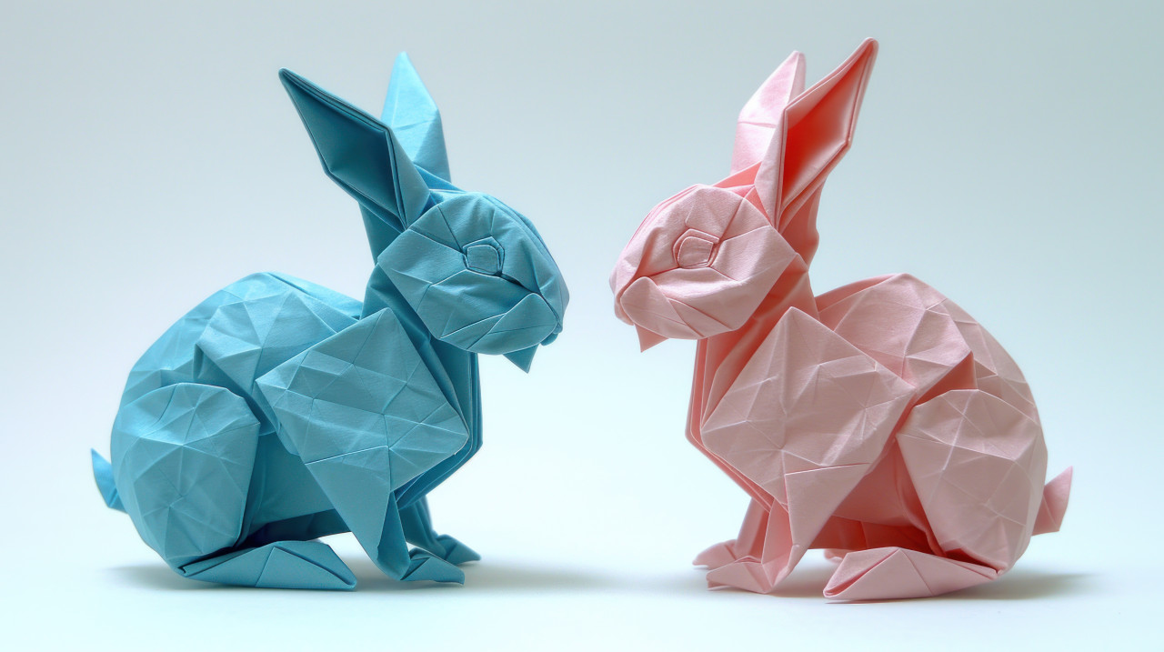 Origami rabbits in vibrant blue and pink color, easter crafts photo