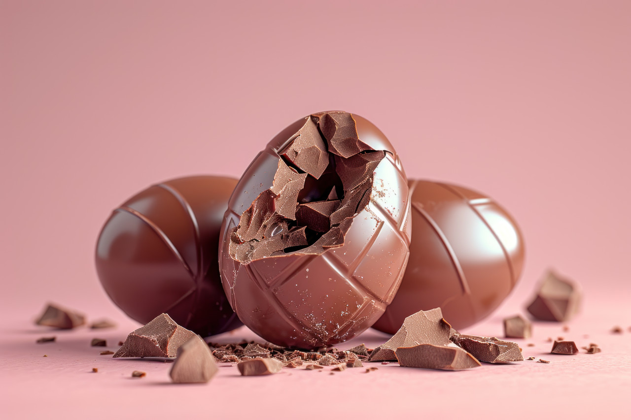 Cracked chocolate egg against a pink backdrop, easter chocolates photo