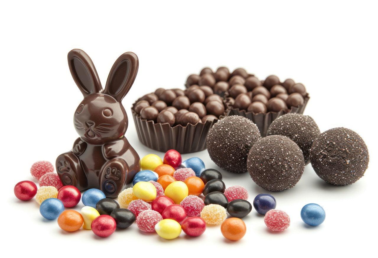 Sweet chocolate bunny and candies on a clean white background, easter chocolates photo