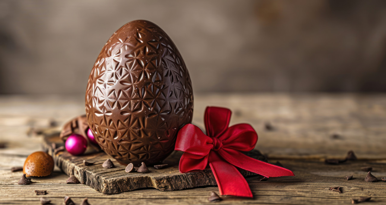 Chocolate egg on wooden table with red bow, easter chocolates image