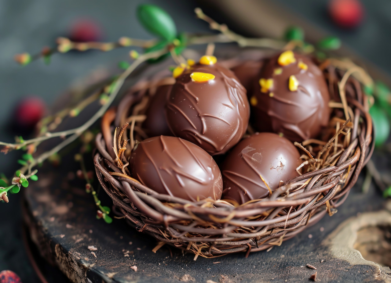 A chocolate eggs arranged in a basket, easter chocolates concept