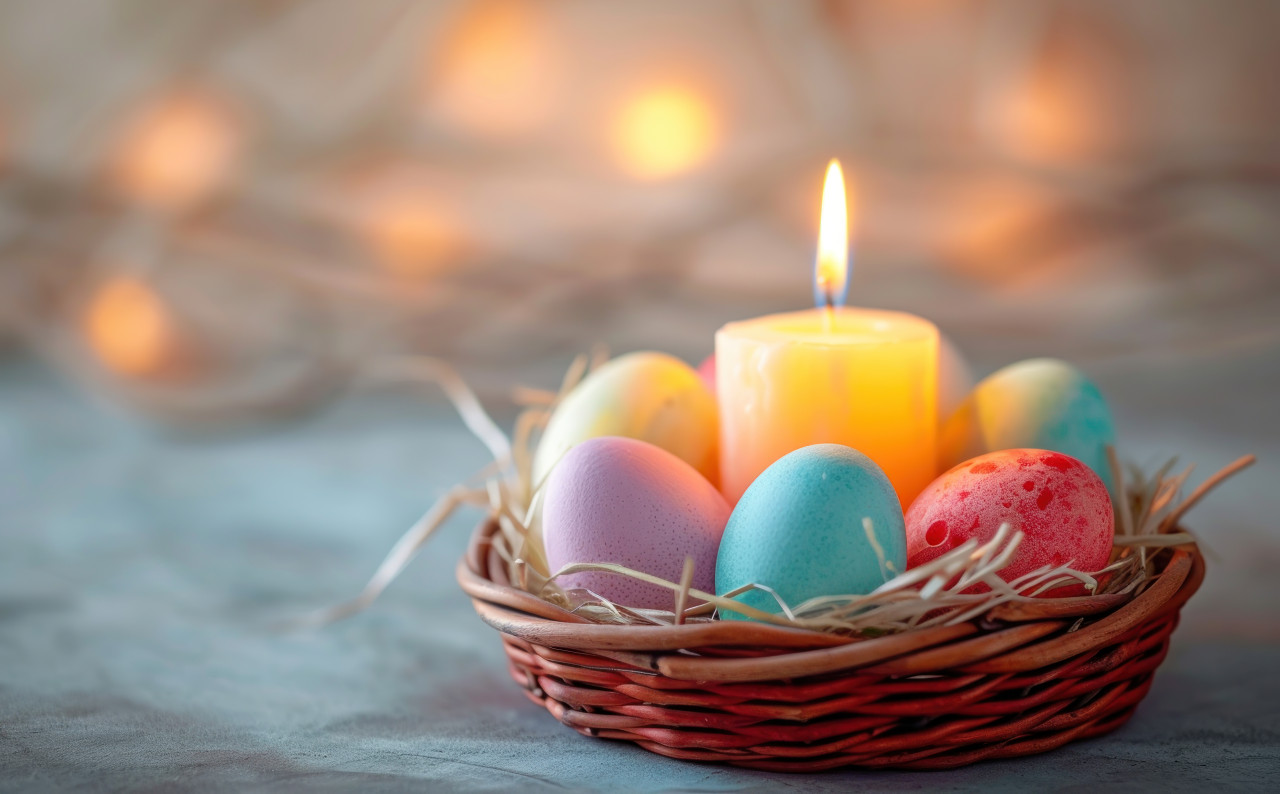 Small basket of colored eggs with a lit candle, easter candles photo
