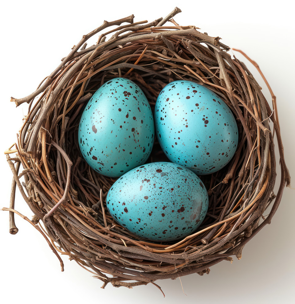 Nest with three blue eggs isolated on white, easter nests concept