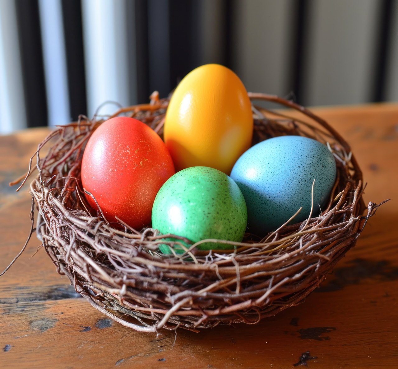 Colorful eggs in a nest, easter nests concept