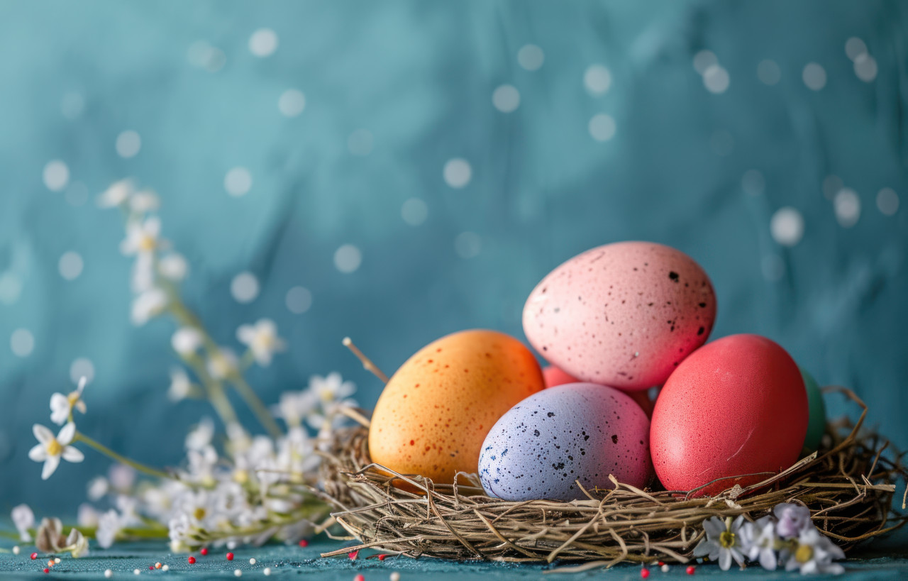 A colored eggs in a nest, easter nests photo