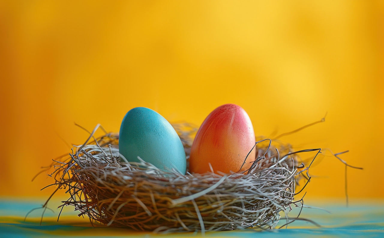 Nest with two colorful eggs, easter nests concept
