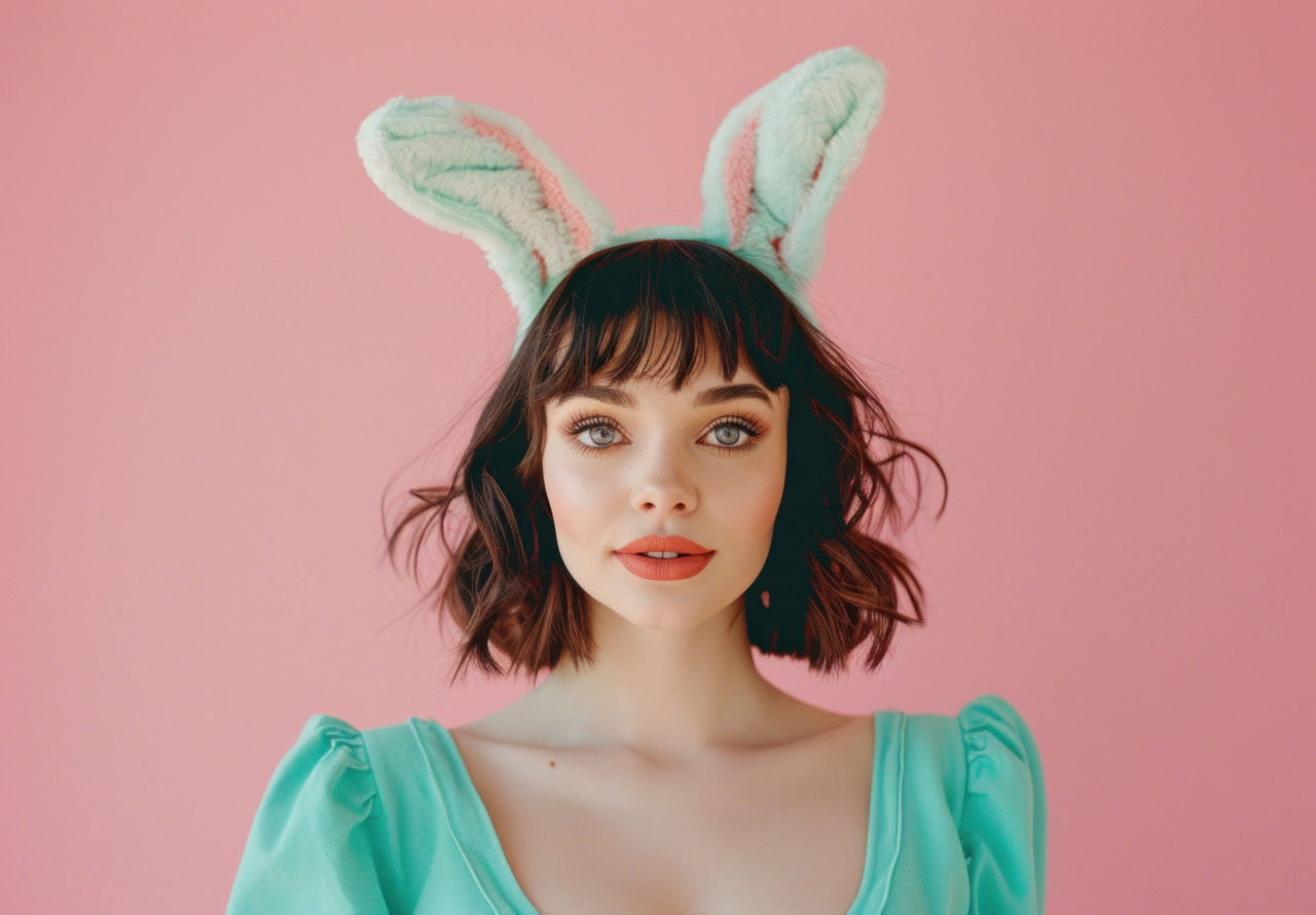 A woman in bunny ears against a pink background, easter fashion photo