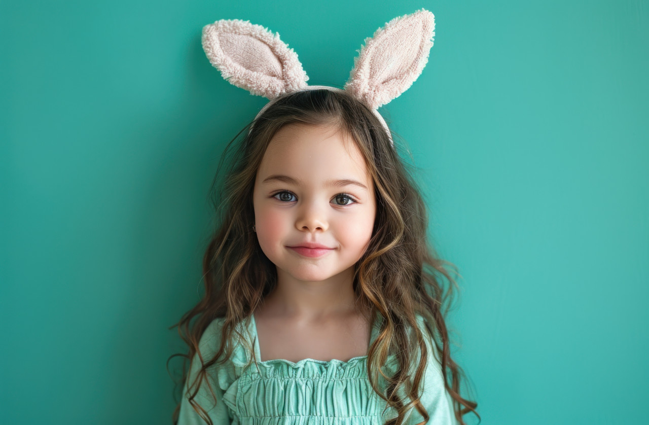A child wearing bunny ears against a vibrant green backdrop, easter fashion concept