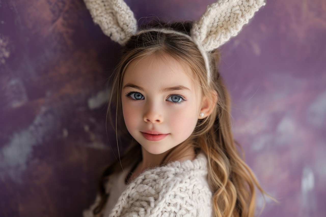 Girl in wearing bunny ears posing on a purple backdrop, easter fashion photo