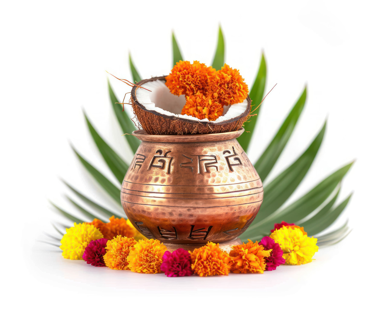 A beautifully decorated copper kalash with coconut mango leaf and marigold flowers on a white background, gudi padwa decoration concept