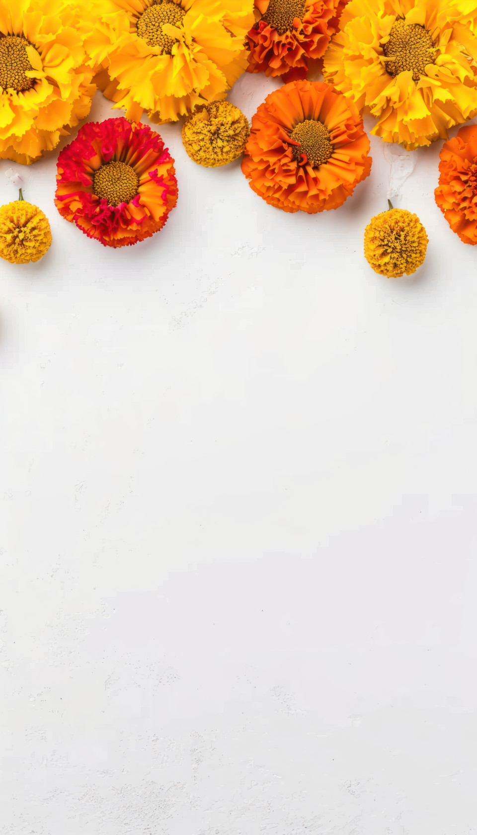 Beautiful marigold flowers in vibrant orange and yellow colors arranged on a white background, gudi padwa decoration picture