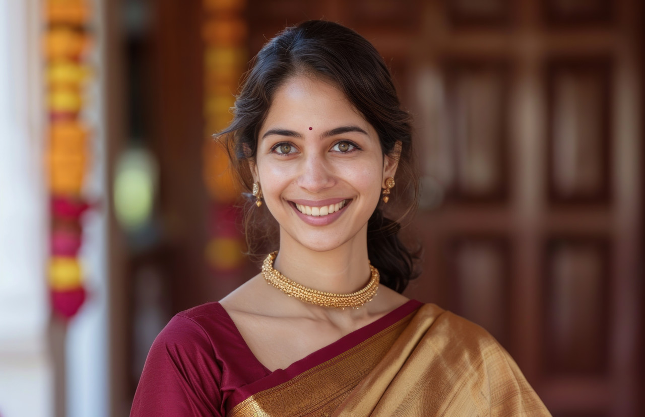 An indian woman in a marathi saree radiating happiness and smile, gudi padwa traditional clothing image