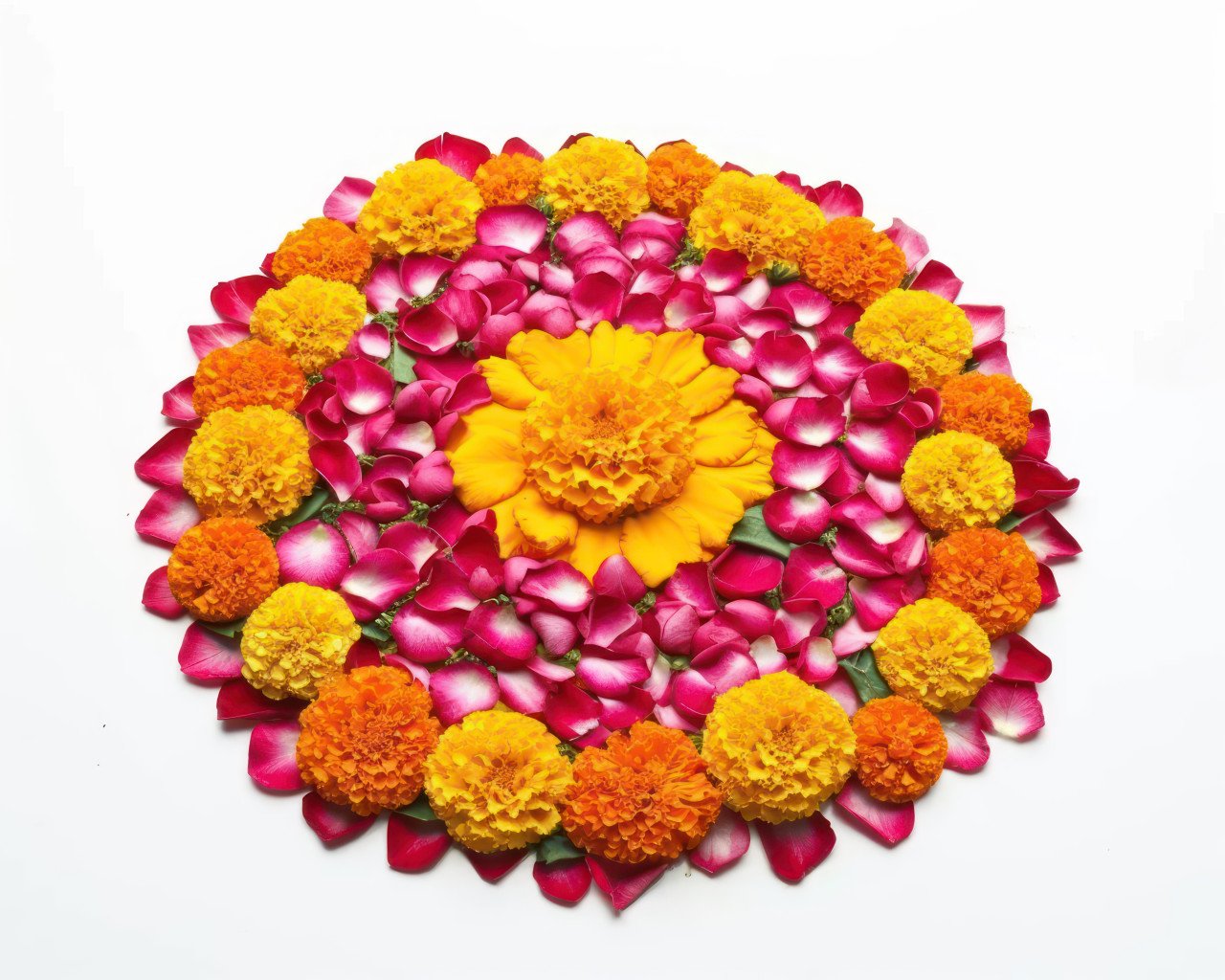 Gudi padwa flower rangoli marigold and rose petals creating a design on a white background, gudi padwa decoration picture