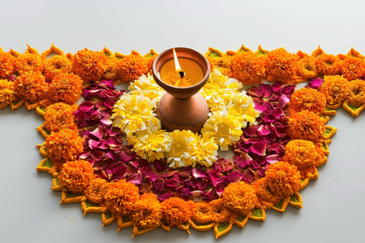 Marigold flower rangoli for gudi padwa pongal with oil lamp on white background, gudi padwa decoration concept