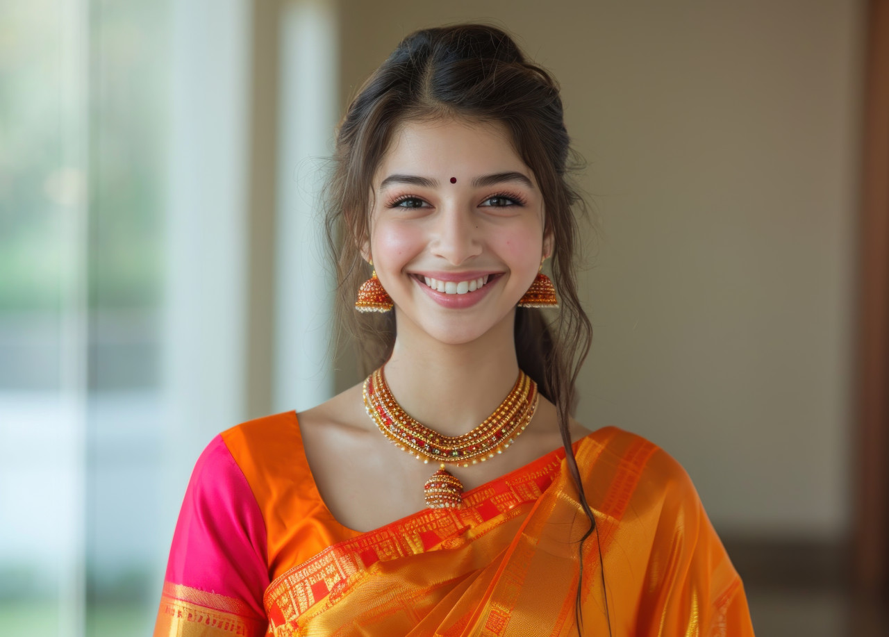 A young woman in a marathi saree exuding happiness, gudi padwa traditional clothing photo