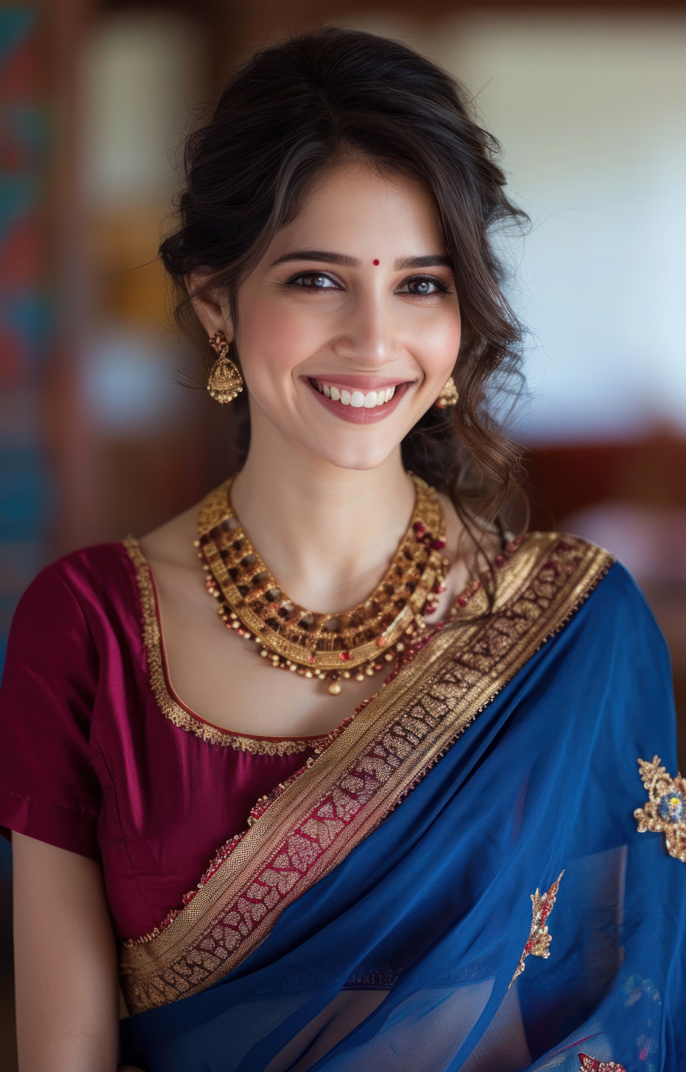 Beautiful woman smiles in traditional marathi sari radiating joy and cultural pride, gudi padwa traditional clothing picture