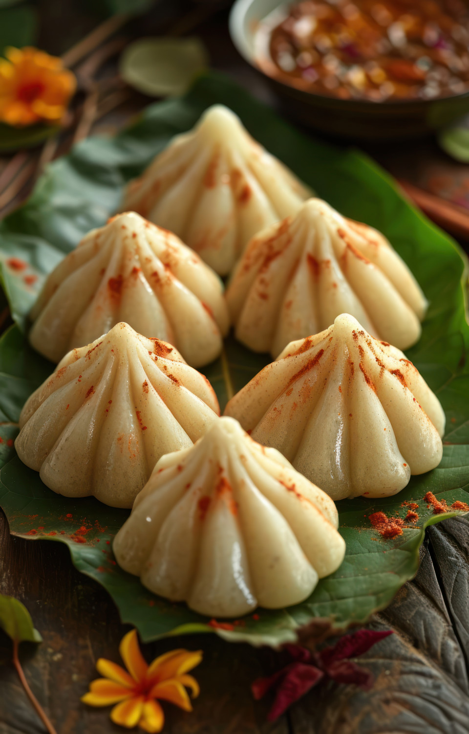 Modak placed on a leaf a traditional sweet, gudi padwa sweets and cuisine photo