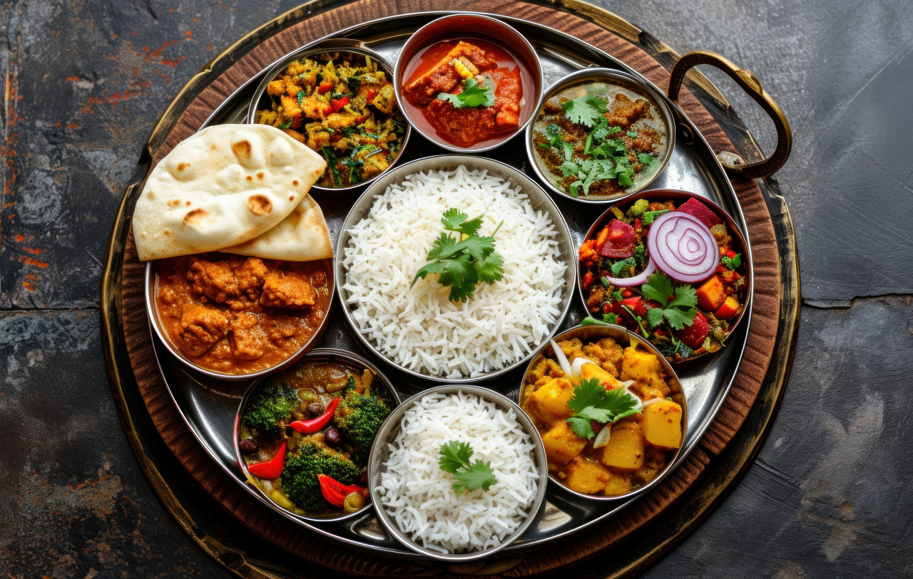 A popular masala thali displays of delicious dishes on a traditional plate, gudi padwa sweets and cuisine photo