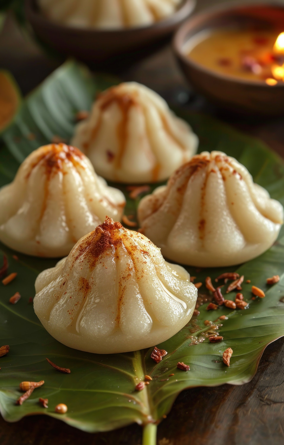Modak placed on leaf a delicious indian sweet, gudi padwa sweets and cuisine concept