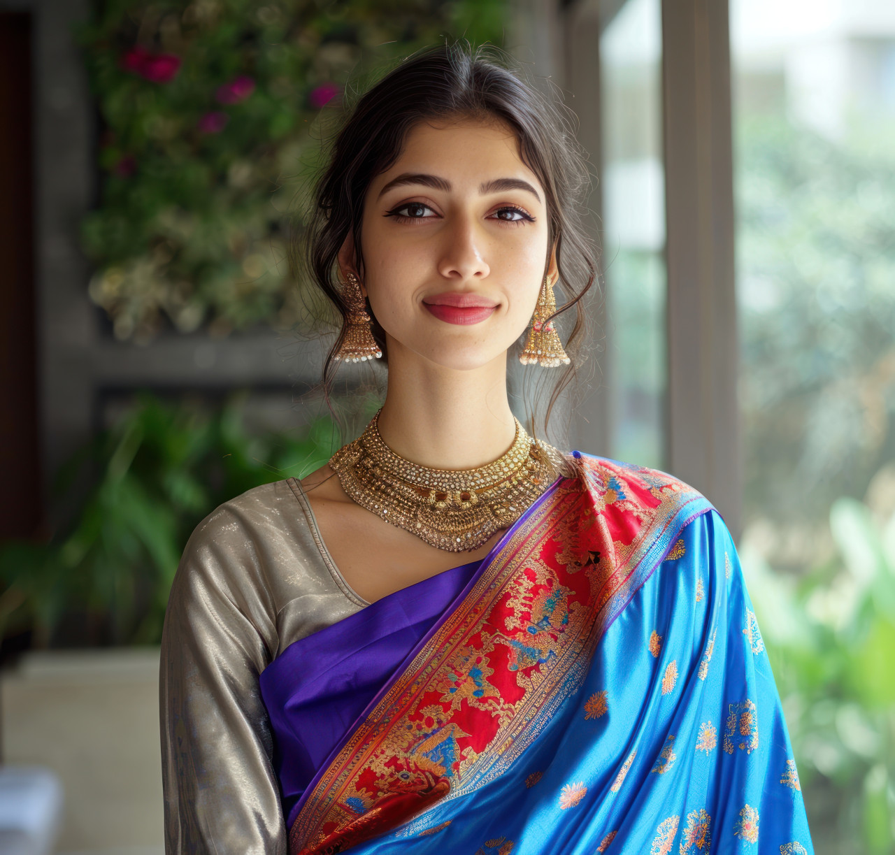 Woman in wearing a colorful marathi sari, gudi padwa traditional clothing picture