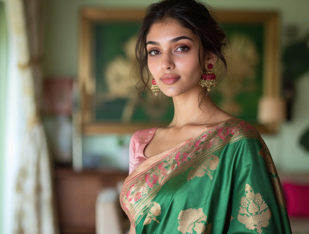An indian woman in a green marathi sari, gudi padwa traditional clothing image