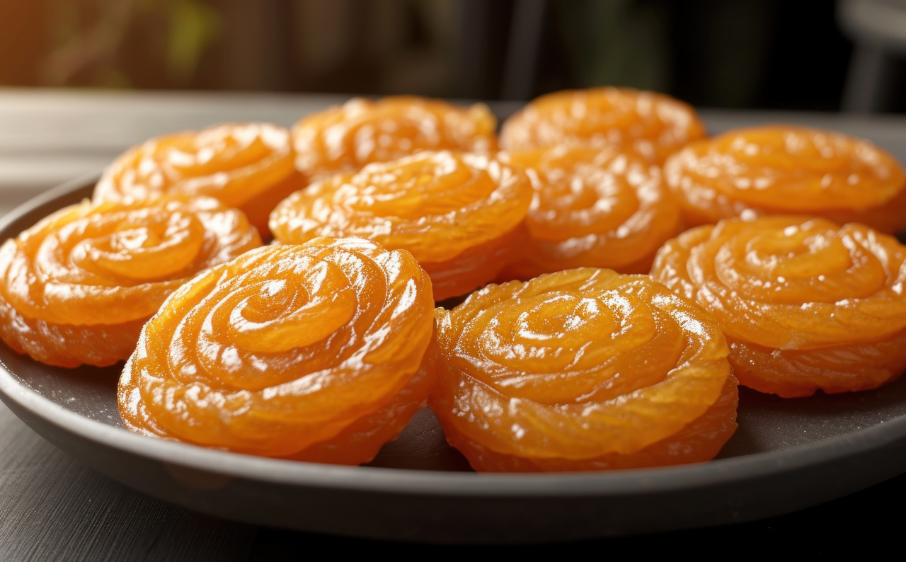 Sweet and spiraled jalebi arranged on a plate, gudi padwa sweets and cuisine photo