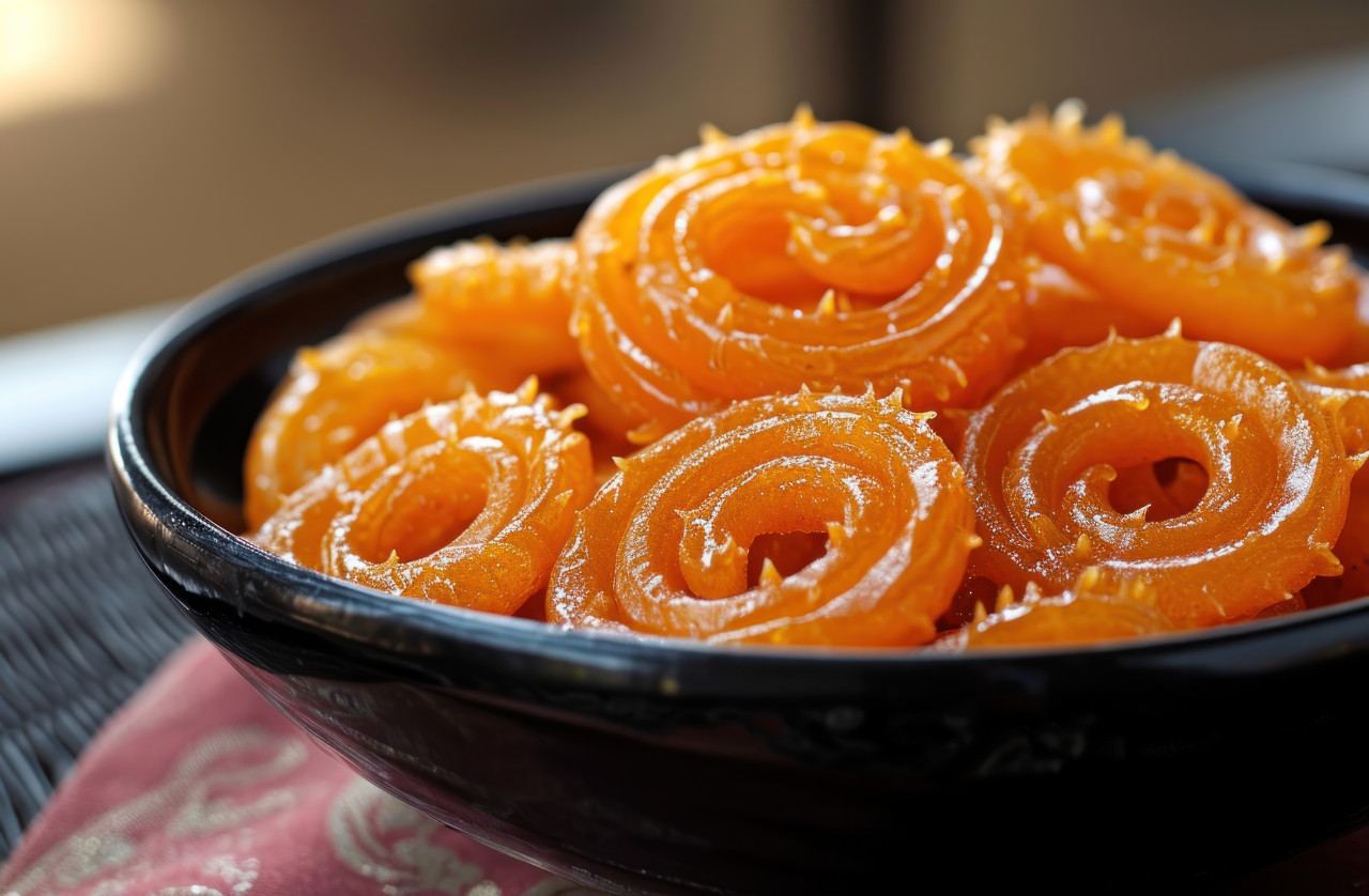 A black bowl filled with tempting jalebi a delicious indian sweet, gudi padwa sweets and cuisine concept