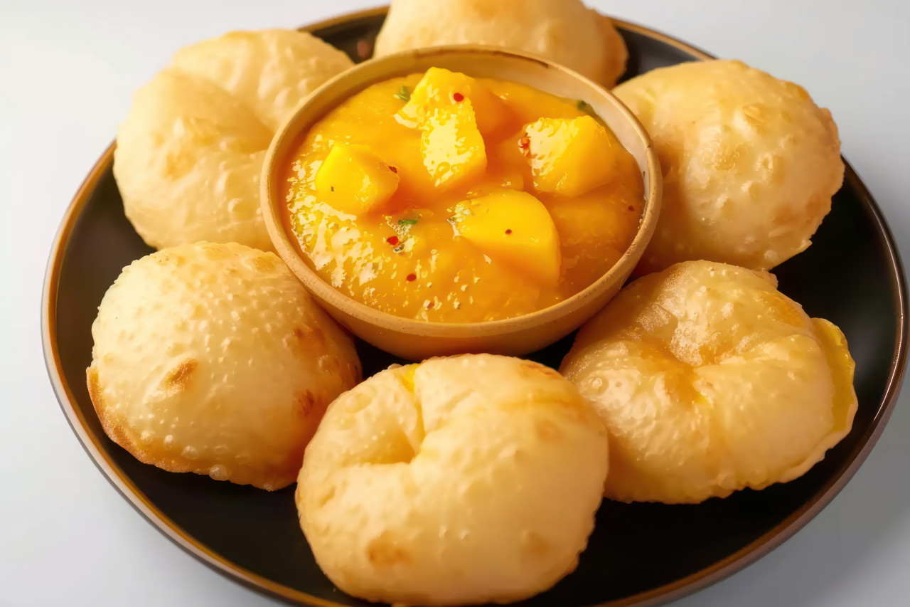 Rich mango pulp served with crispy puri on a plate, gudi padwa sweets and cuisine image