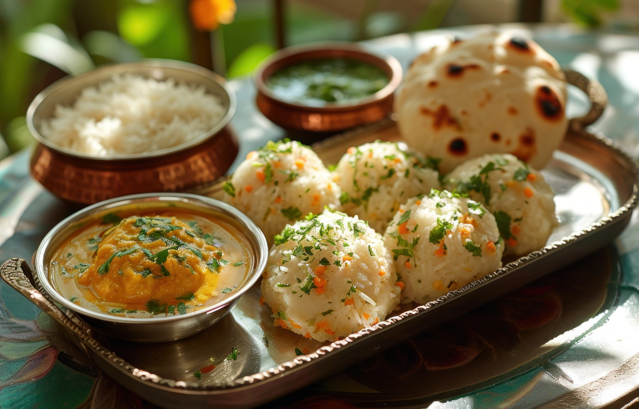 Gudi padwa festival dishes on a tray, gudi padwa sweets and cuisine concept