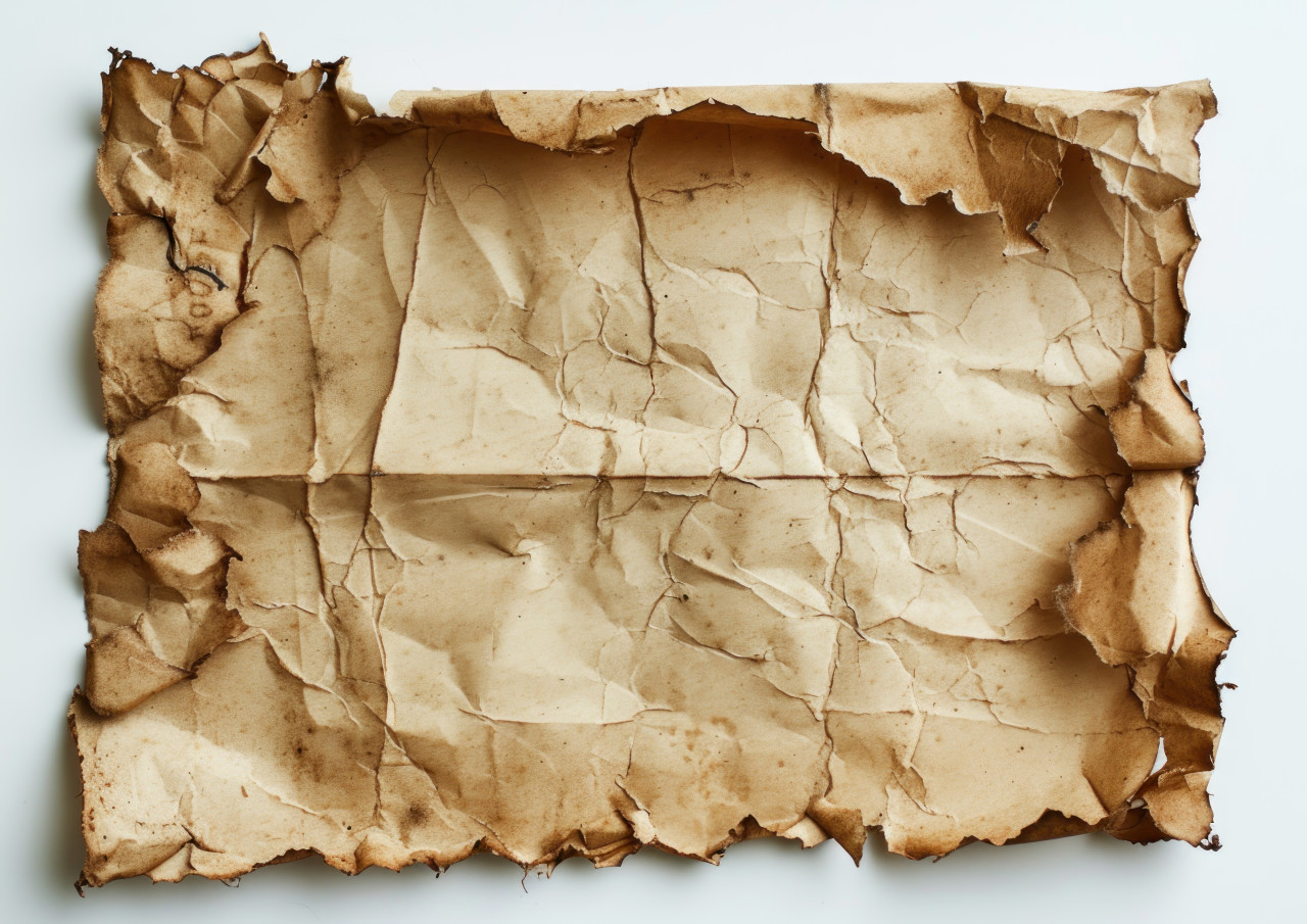 An aged paper on a plain white backdrop, old book pages concept