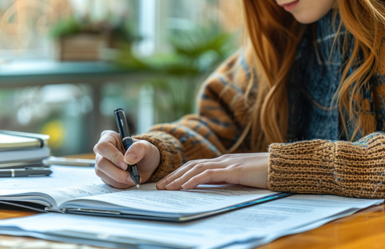 Woman writing on paper capturing a moment of creativity and expression, education paperwork image