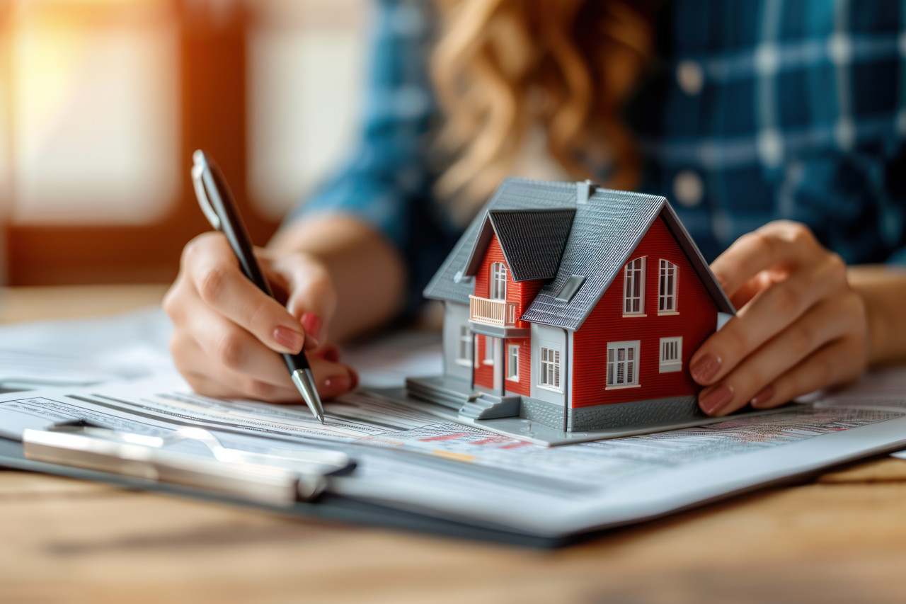 Person holds model house fills bank documents on paperwork, home loan paperwork concept
