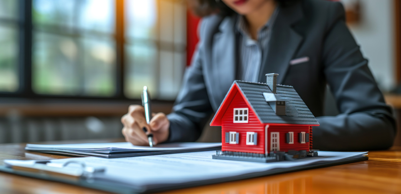 A confident woman in a suit signing real estate paperwork on a home model, home loan paperwork concept