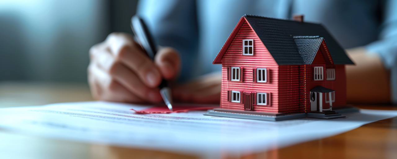 Person signing document with house model, home loan paperwork picture