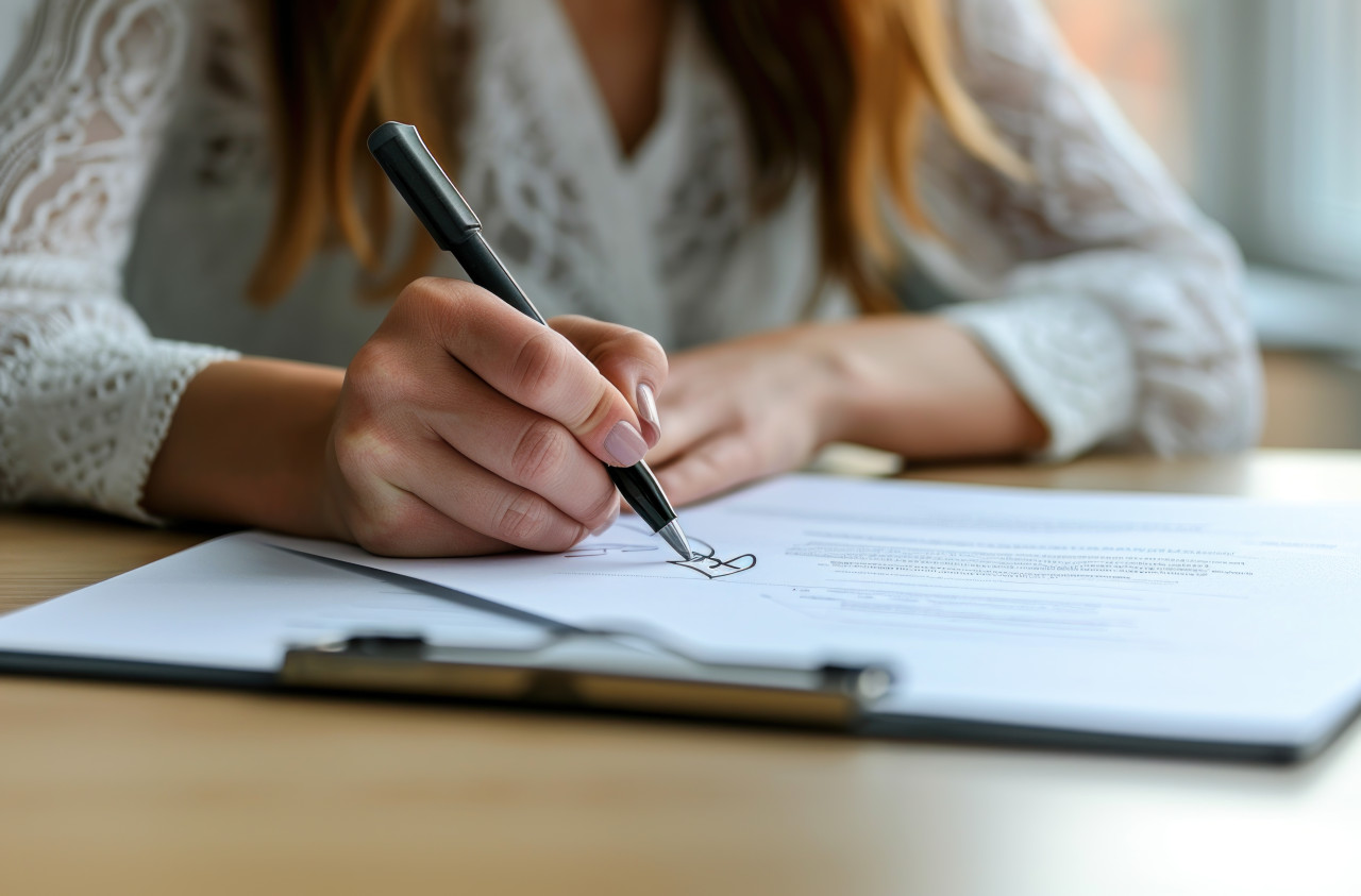 Person at desk signing paper on table, education paperwork picture