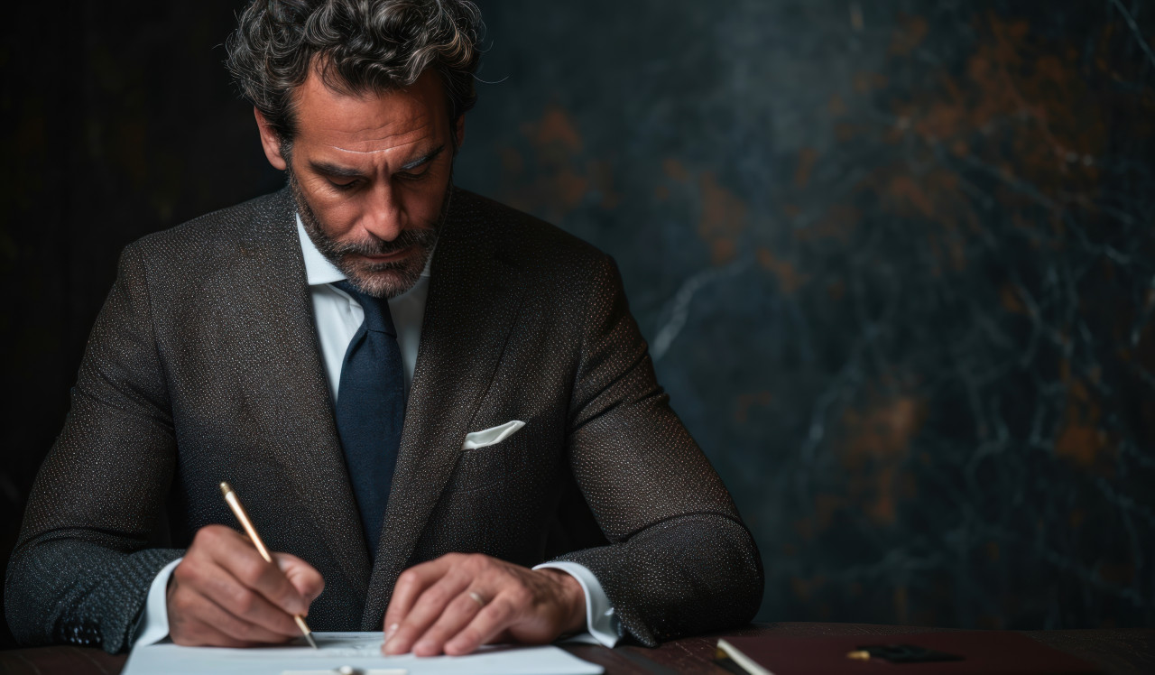 A confident businessman in a suit signing documents, corporate paper reports photo