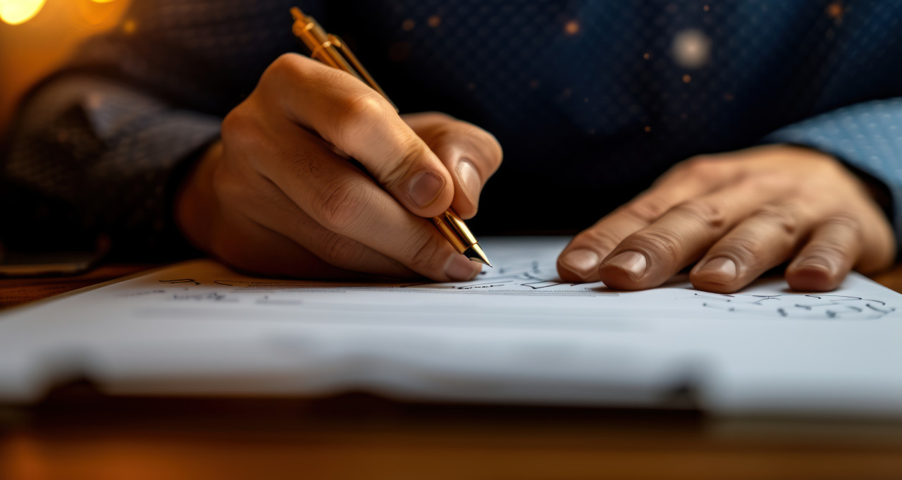 Person signing contract with pen on paper, corporate paper reports concept
