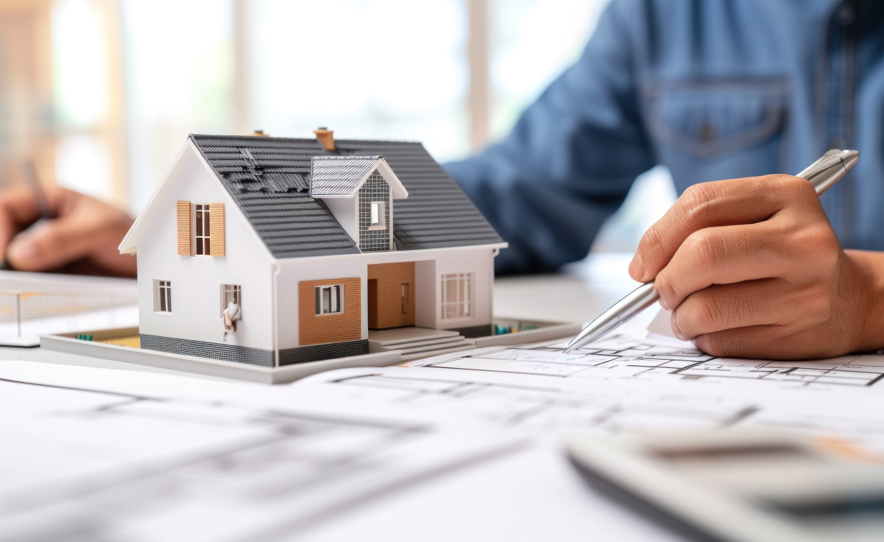Man signing over house model with pen completing real estate transaction, home loan paperwork picture