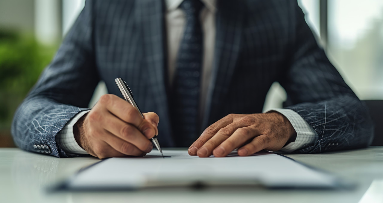 A businessman signs a contract with determination in a professional office, corporate paper reports picture