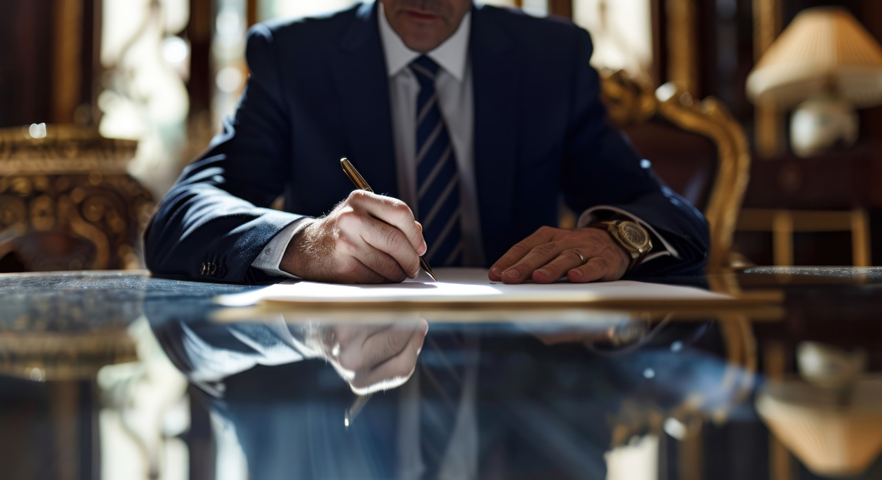Businessman signing papers at a table, corporate paper reports image