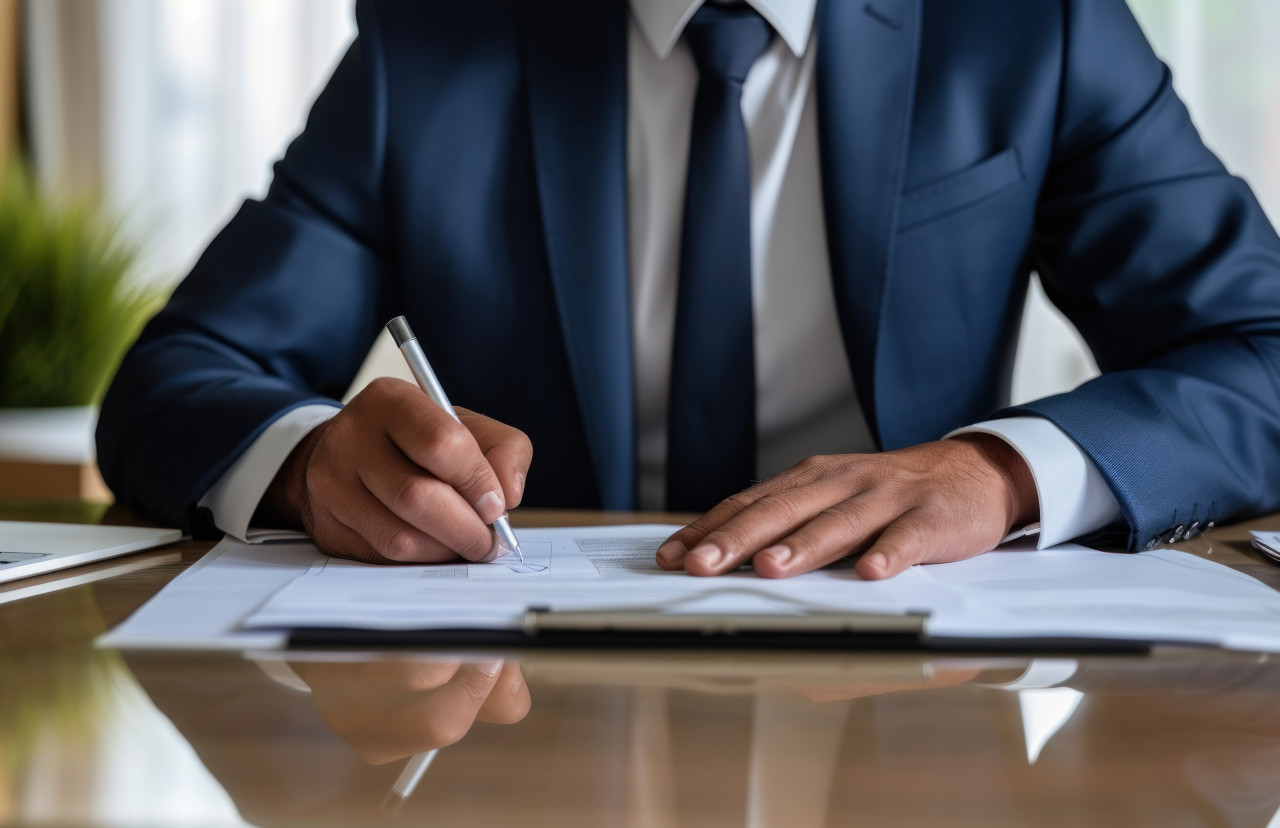 Businessman signing documents at desk, corporate paper reports photo