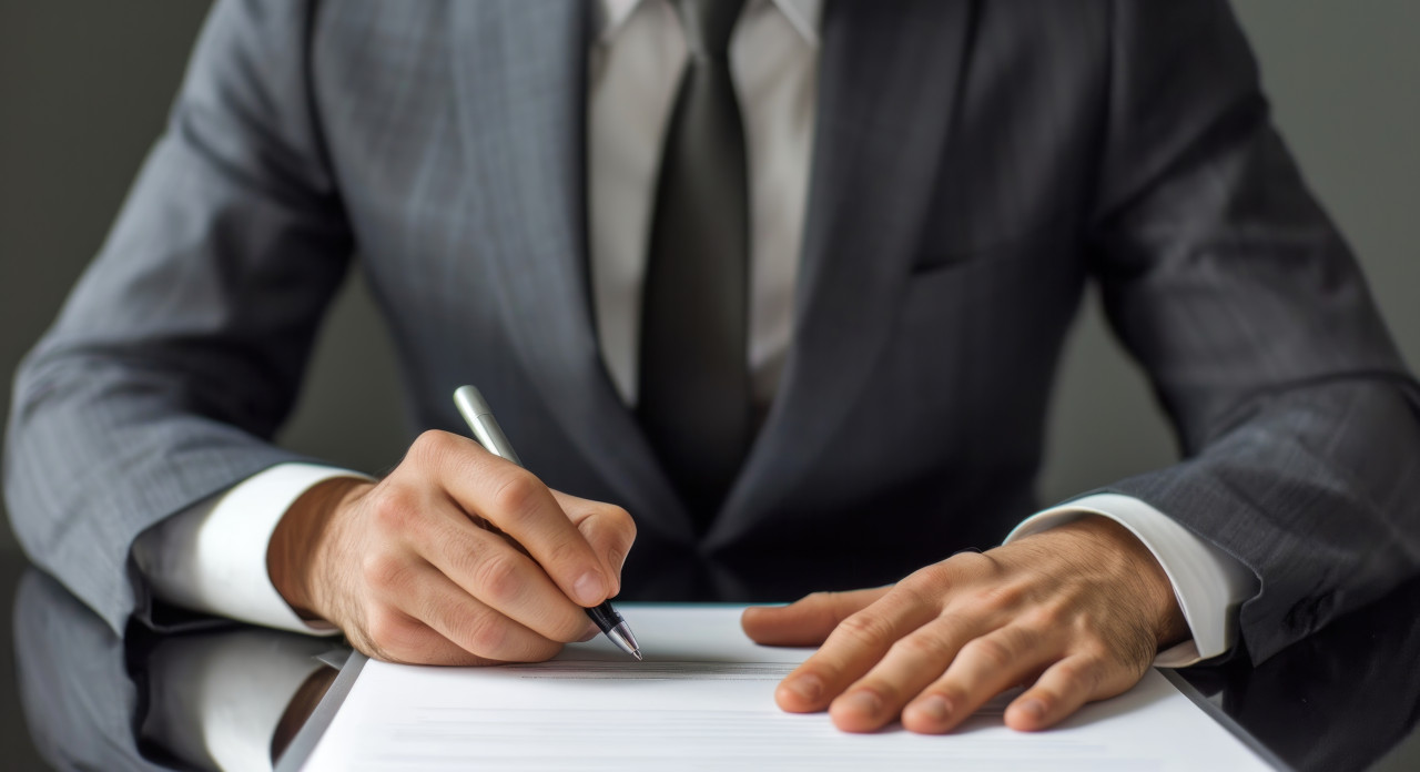 Businessman in suit signing document sealing the deal with a signature, corporate paper reports concept
