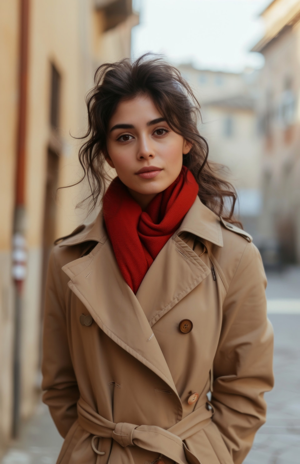 Stylish woman standing on the street wearing trench coat, fashion photography