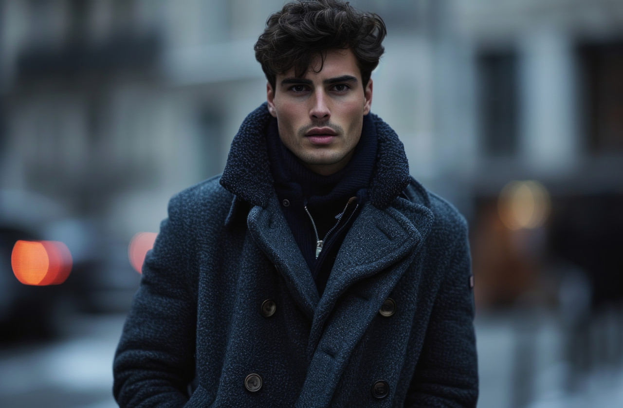 Stylish man in coat on urban street, fashion photo