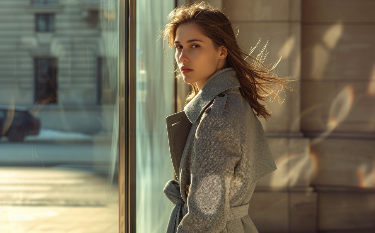 Elegant woman in grey trench coat poses by glass door, best fashion photo