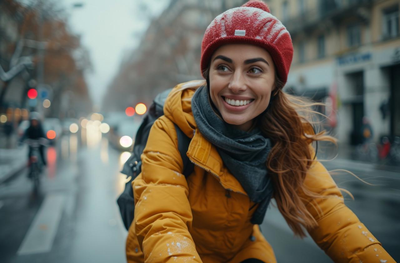 Smiling woman cycling on a city street, best fashion photo