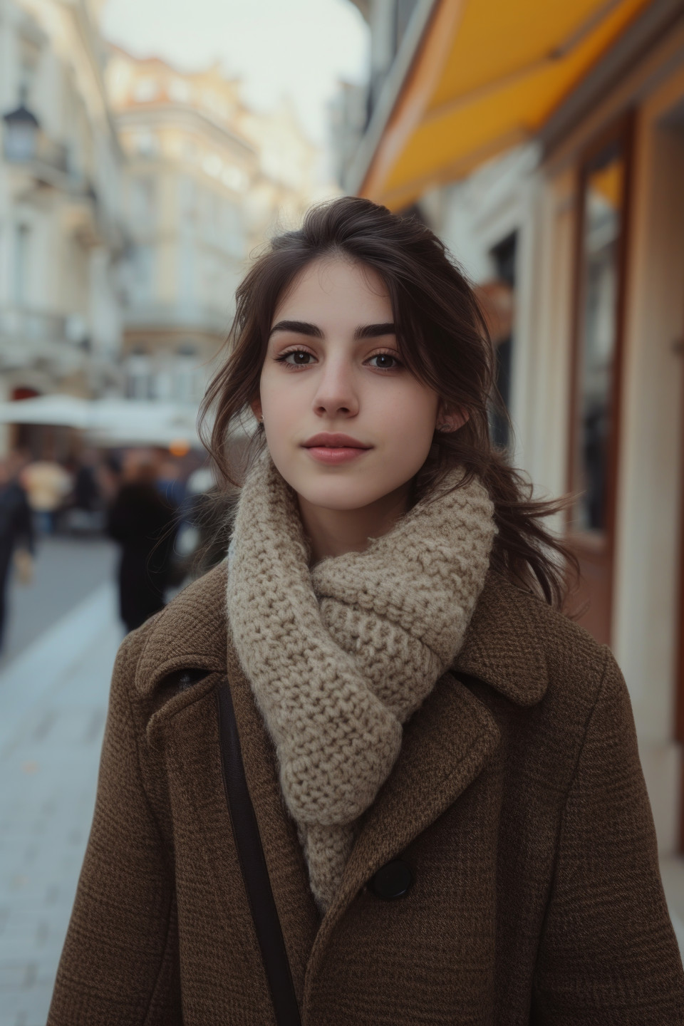 A stylish young woman strolling in a coat on the street, fashion photography