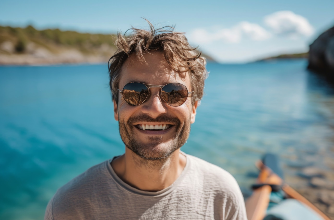 Joyful man in sunglasses poses by a peaceful blue lake, latest fashion trends image